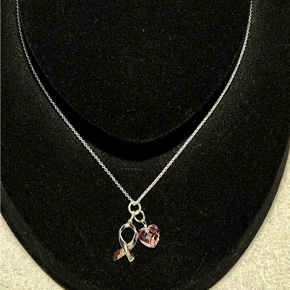 Silver and Pink Heart, Ribbon Pendant with chain. - Picture 2 of 2
